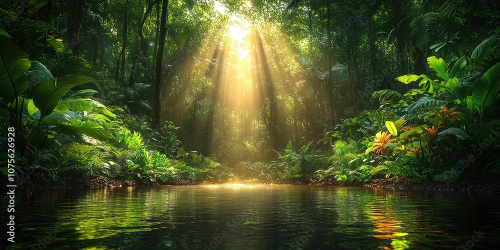 Obraz premium Sunlight beams through dense jungle foliage, illuminating a calm creek.
