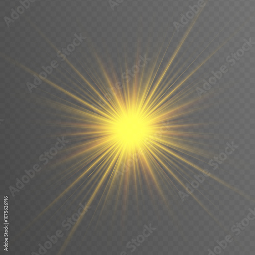 Yellow dust sparks, golden stars, bokeh gold light. Vector transparent sunlight special lens flare light effect.