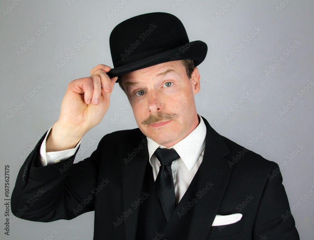 English Gentleman in Dark Formal Suit Doffing Bowler Hat in Polite Manner. Vintage Style of Classic British Businessman. English Gentleman in Dark Formal Suit Doffing Bowler Hat in Polite Manner. Vintage Style of Classic British Businessman.