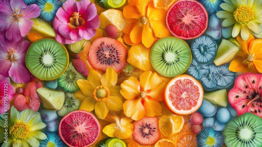 Fototapeta premium A vibrant arrangement of assorted fruits and colorful flowers, showcasing a lively and cheerful aesthetic.