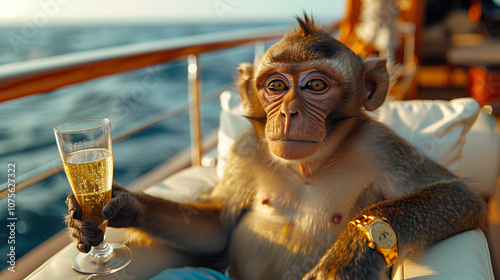 Monkeys on a yacht, holding drinks. Vacation scene with monkeys enjoying a cruise at sea. Animal. Travel and sea adventures. Holiday vacation. Tropical getaway. photo