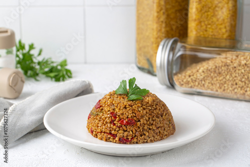 Bulgur pilaf with Siyez wheat and vegetables photo