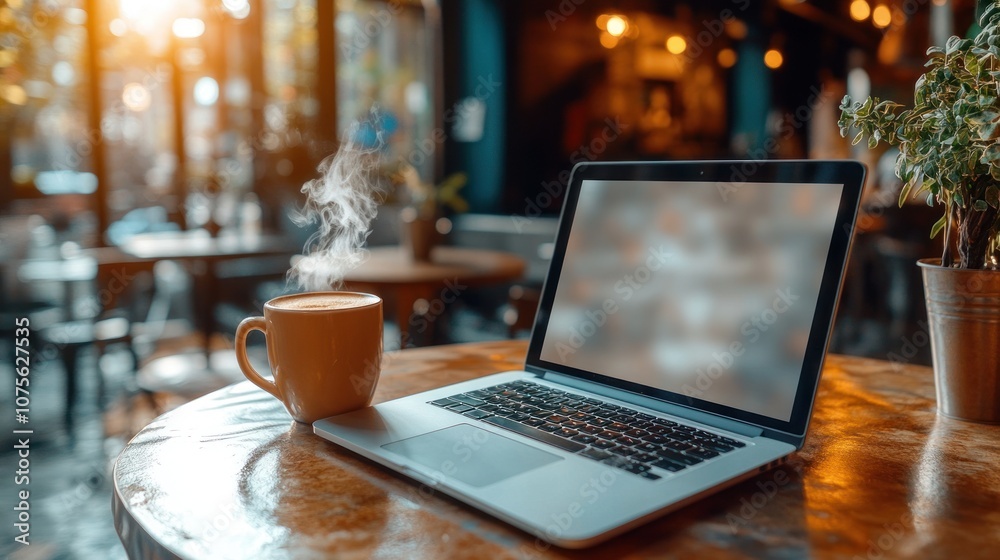 Laptop and coffee on a wooden table in a cafe. Laptop and coffee on a wooden table in a cafe.