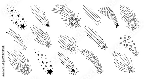 Doodle shooting stars or space comets and galaxy meteors with trails, vector cartoon icons. Shooting stars or fireworks sparklers and firecracker sparks or falling twinkling stars in doodle line