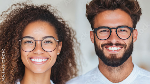 A young woman and man both wearing glasses smile at the camera.