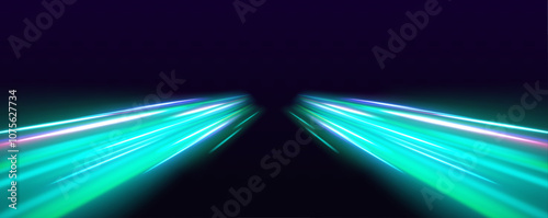 Horizontal night road in the form of a panorama with green neon lights. City light trails motion background.