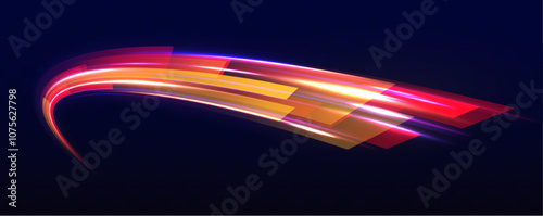 Vector dark blue abstract background with ultraviolet neon glow, blurry light lines, waves. Dynamic composition of bright lines forming lights path of speed movement, futuristic dark background.