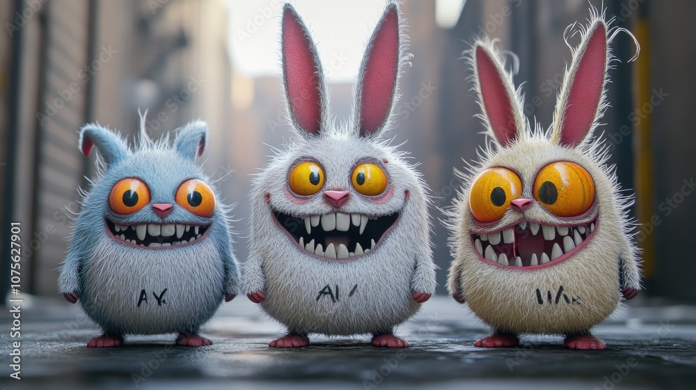 Fototapeta premium Three quirky, cartoonish creatures with exaggerated features and vibrant colors, exuding a playful atmosphere.