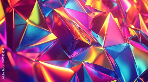 Colorful, geometric abstract background of shiny pyramids reflecting vibrant light patterns. photo