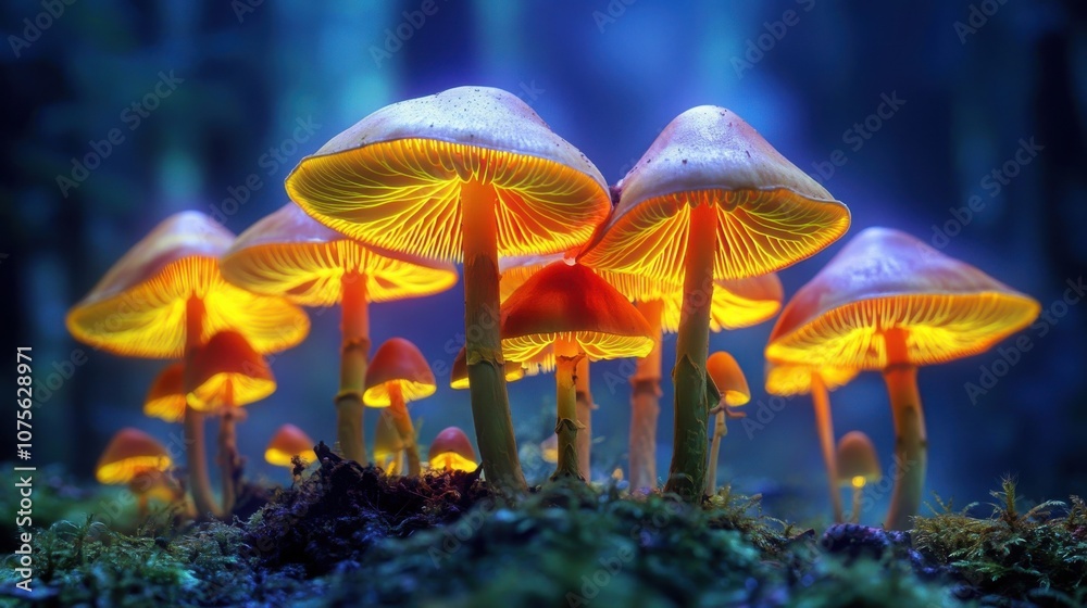 Fototapeta premium Glowing mushrooms illuminate a forest floor, creating a mesmerizing, enchanting atmosphere with vibrant colors.