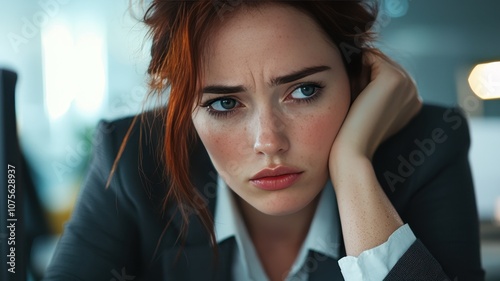 Wallpaper Mural Burnout and pressure of businesswoman concept. A contemplative woman in a suit shows signs of stress and concern, reflecting an intense emotional state in a professional environment. Torontodigital.ca