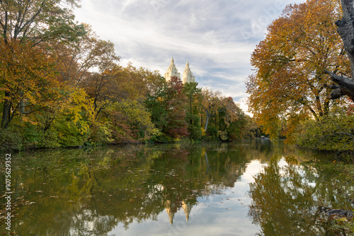 Tranquil Central Park Lake in October with Vibrant Autumn Foliage