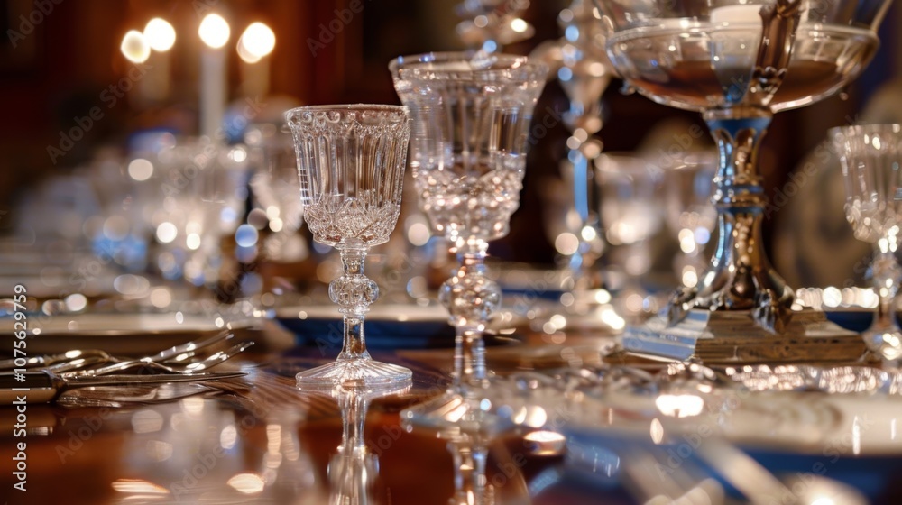 The dining room table is set for a formal dinner complete with crystal glasses and silver candlesticks transporting visitors back to a time of elaborate dinners and social gatherings. The dining room table is set for a formal dinner complete with crystal glasses and silver candlesticks transporting visitors back to a time of elaborate dinners and social gatherings.