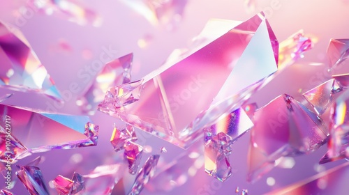 Colorful shards of crystal reflecting light in shades of pink and purple, creating an ethereal and vibrant atmosphere.