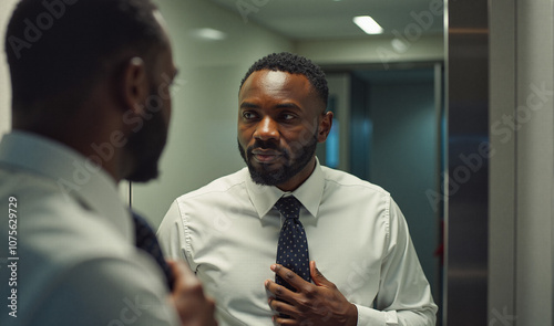 A man in a white shirt and tie looks into a mirror with a focused expression, adjusting his tie with care in a well-lit bathroom, preparing for a professional day.