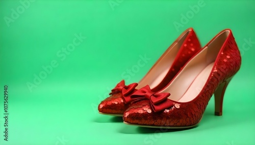 Ruby red wizard of oz slippers on an emerald green background with copy space photo