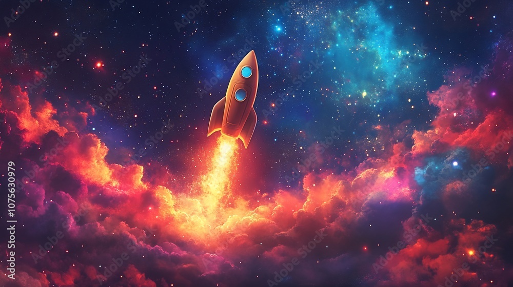 A retro-style rocket launches through a colorful nebula, symbolizing a new beginning and the pursuit of dreams. A retro-style rocket launches through a colorful nebula, symbolizing a new beginning and the pursuit of dreams.