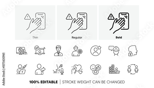 Like, Microphone and Vaccination appointment line icons. Pack of Foreman, Dont touch, Best friend icon. Engineer, Workflow, Online shopping pictogram. Refer friend, Hold heart, Unlock system. Vector