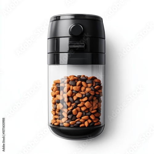 Automatic cat food dispenser filled with dry kibble on white background photo