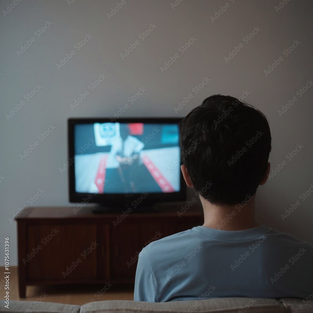 The boy is watching TV at home. Rear view. The boy is watching TV at home. Rear view.