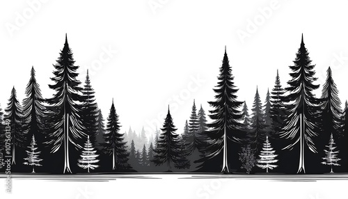  Evergreen forest firs and spruces create stark black shapes against a white background, res_1(1163) photo