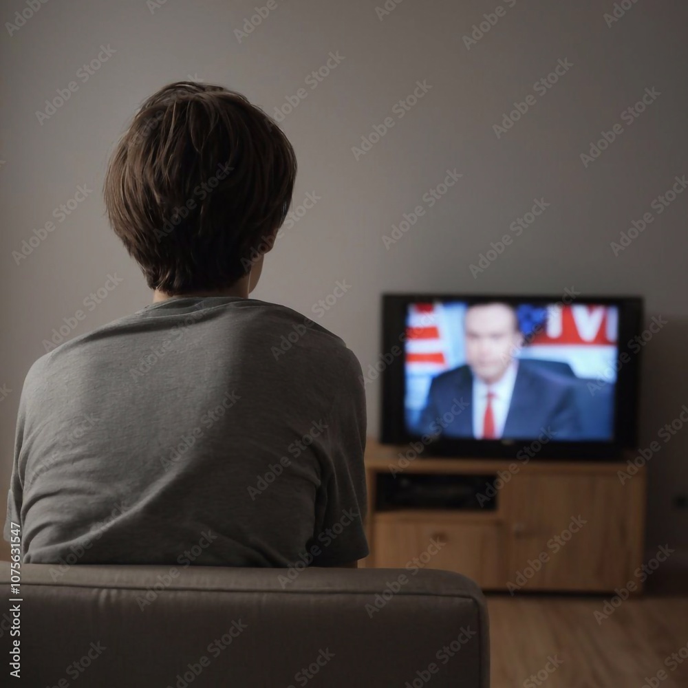The boy is watching TV at home. Rear view. The boy is watching TV at home. Rear view.