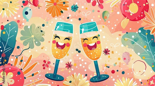 Cheerful Celebration Banner with Smiling Champagne Glasses and Colorful Festive Elements photo