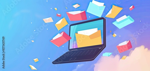 Flat Illustration of a Laptop with Colorful Floating Envelopes on a Blue Background for Communication and Digital Marketing Concepts photo