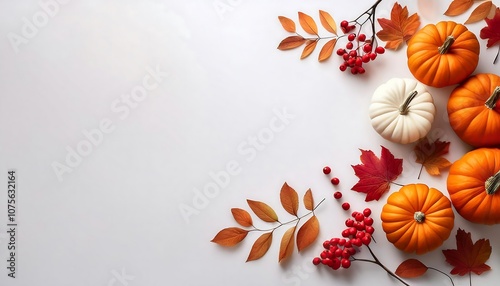  Dried leaves, red berries, and orange pumpkins adorn a crisp white background in this seaso_1(1131) photo