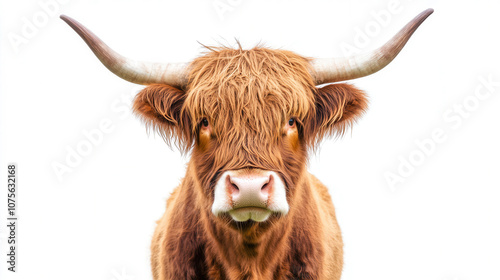 A striking high-resolution portrait of a Highland cow featuring stunning detail against a pristine white background