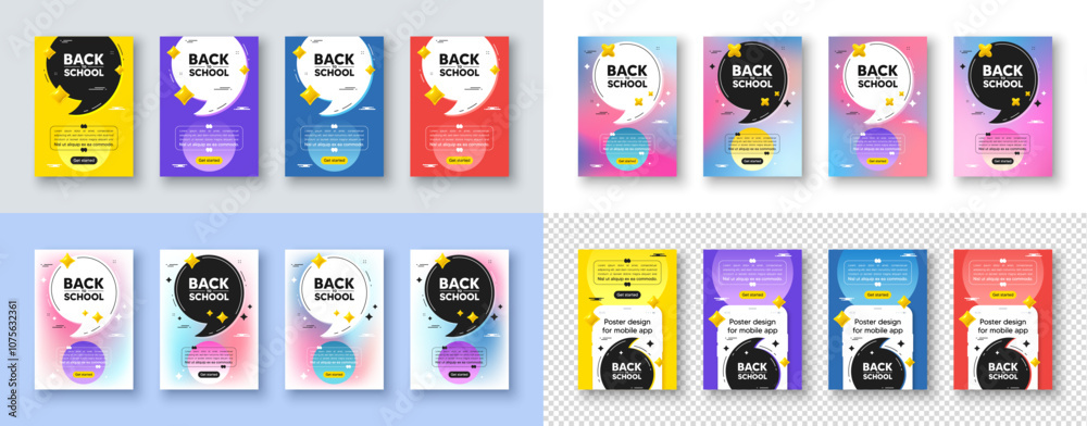 Naklejka premium Poster templates design with quote, comma. Back to school tag. Education offer. End of vacation slogan. Back to school poster frame message. Quotation offer bubbles. Comma text balloon. Vector