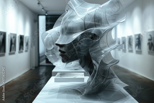 An abstract, curvilinear sculpture of a head is displayed in a modern art gallery, characterizing innovation, creativity, and avant-garde art forms in a futuristic setting