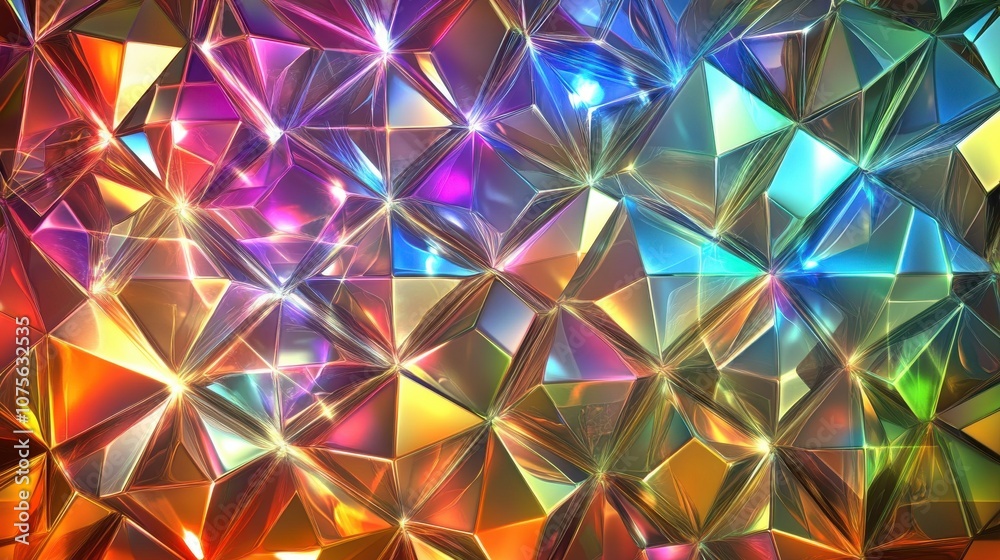 Vibrant abstract geometric pattern with a kaleidoscope of colors reflecting light. Vibrant abstract geometric pattern with a kaleidoscope of colors reflecting light.