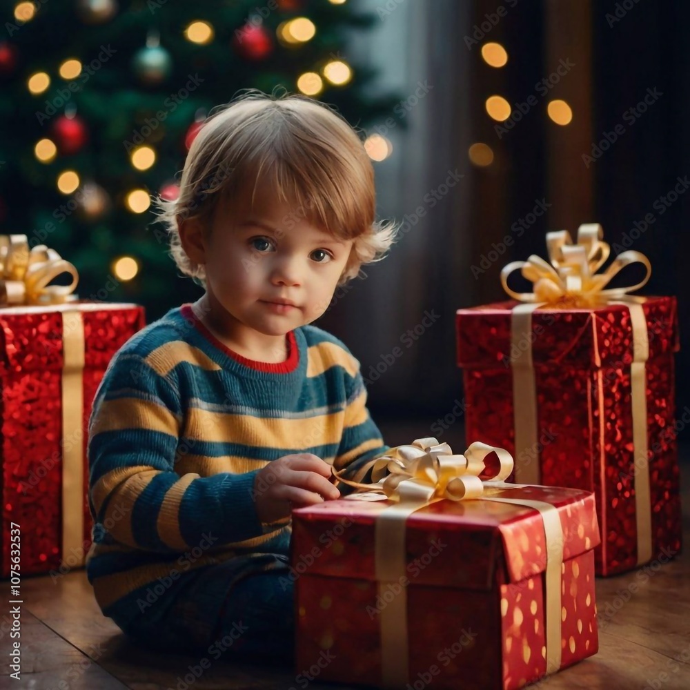 A little boy with a lot of boxes with New Year's gifts and a Christmas tree in the background A little boy with a lot of boxes with New Year's gifts and a Christmas tree in the background