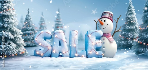 Festive Winter SALE Banner with Snowman and Snow-Covered Trees for Holiday Promotions photo