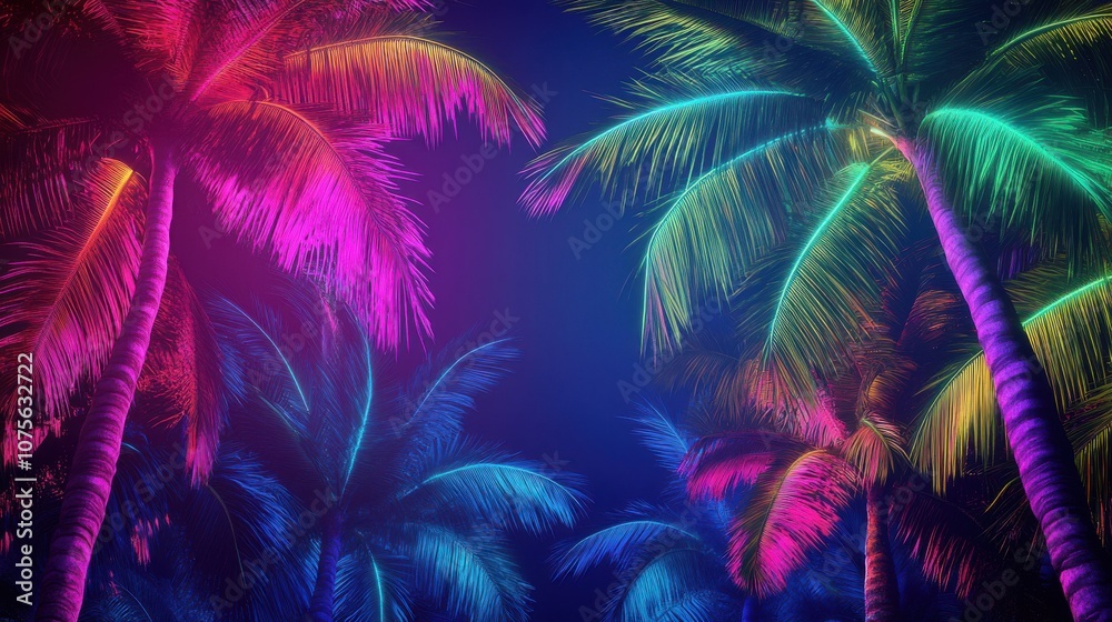 Vibrant neon-lit tropical palm trees against a deep blue background create a colorful and lively atmosphere. Vibrant neon-lit tropical palm trees against a deep blue background create a colorful and lively atmosphere.