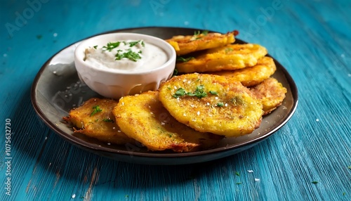  Cuban tostones are twice fried plantain slices served with a flavorful garlic dipping sauce_1(1096) photo