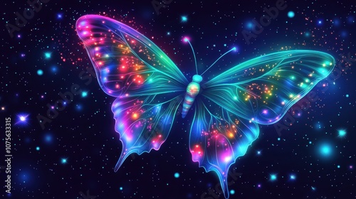 A colorful, ethereal butterfly illuminated with vibrant lights, set against a starry, cosmic background.