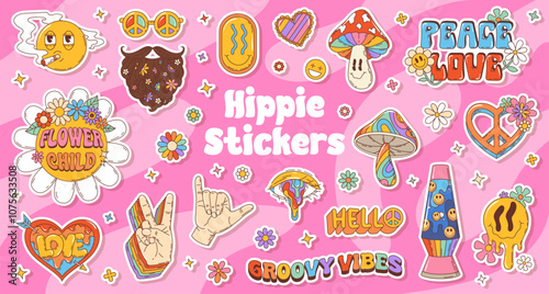 Groovy hippie y2k symbols stickers pack. Retro patches of peace sign, flower power motifs, lava lamp, mushrooms and phrases like flower child and groovy vibes, celebrates free-spirited hippie culture