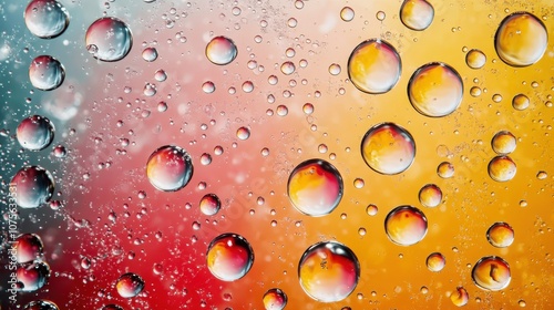 Close-up of colorful droplets on a vibrant gradient background, creating an abstract and artistic visual effect.