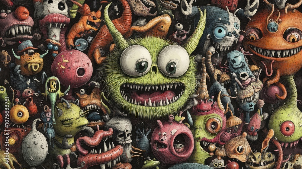 Fototapeta premium A vibrant and whimsical collection of colorful monsters, featuring a large green creature with big eyes and a wide grin.