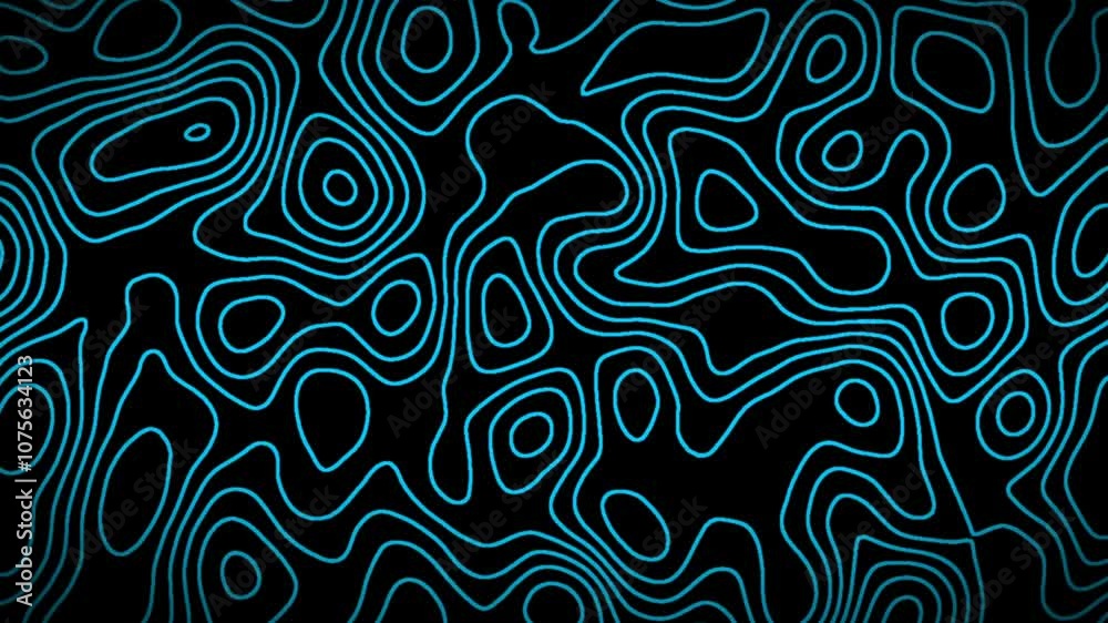 
Seamless 4K loop of abstract topographic contour map with smooth wave motion. Shiny black texture on dark background, featuring moving terrain lines. blue add depth to the animated digital background