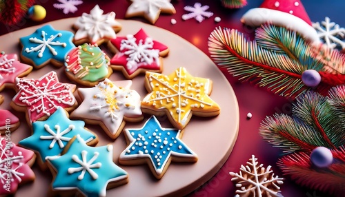  Colorful Christmas cookies shaped like stars, snowflakes, and Santa hats are frosted wi_1(1041) photo