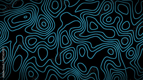 
Seamless 4K loop of abstract topographic contour map with smooth wave motion. Shiny black texture on dark background, featuring moving terrain lines. blue add depth to the animated digital background
