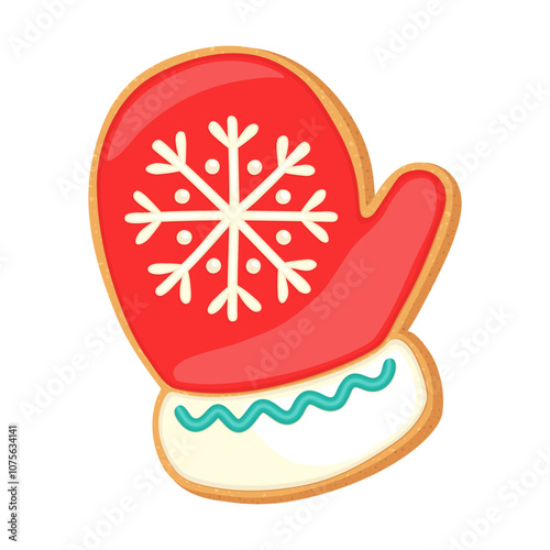 Christmas gingerbread sugar cookie mitten shape. Cute cartoon vector illustration home shortbread. Mitten cookie red sugar icing. Shortcrust pastry bakery. Winter holiday sweet gingerbread shortcake.