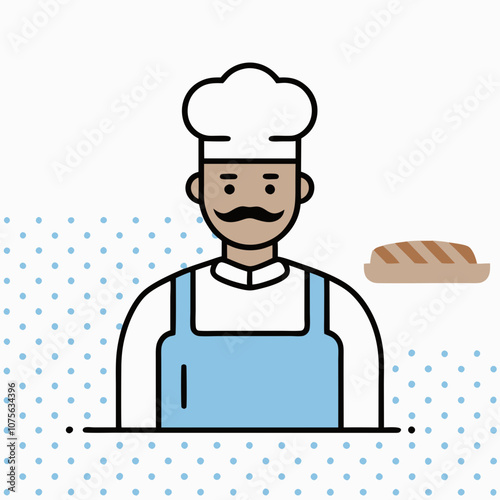 A chef is standing in front of a bread loaf. The chef is wearing a white hat and a blue apron