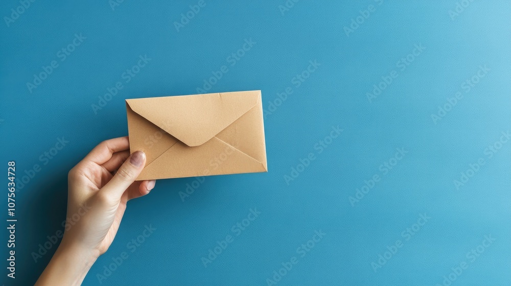 Voter's hand above a blue backdrop, holding an envelope with a marked ballot inside, showcasing the act of participating in democracy Voter's hand above a blue backdrop, holding an envelope with a marked ballot inside, showcasing the act of participating in democracy