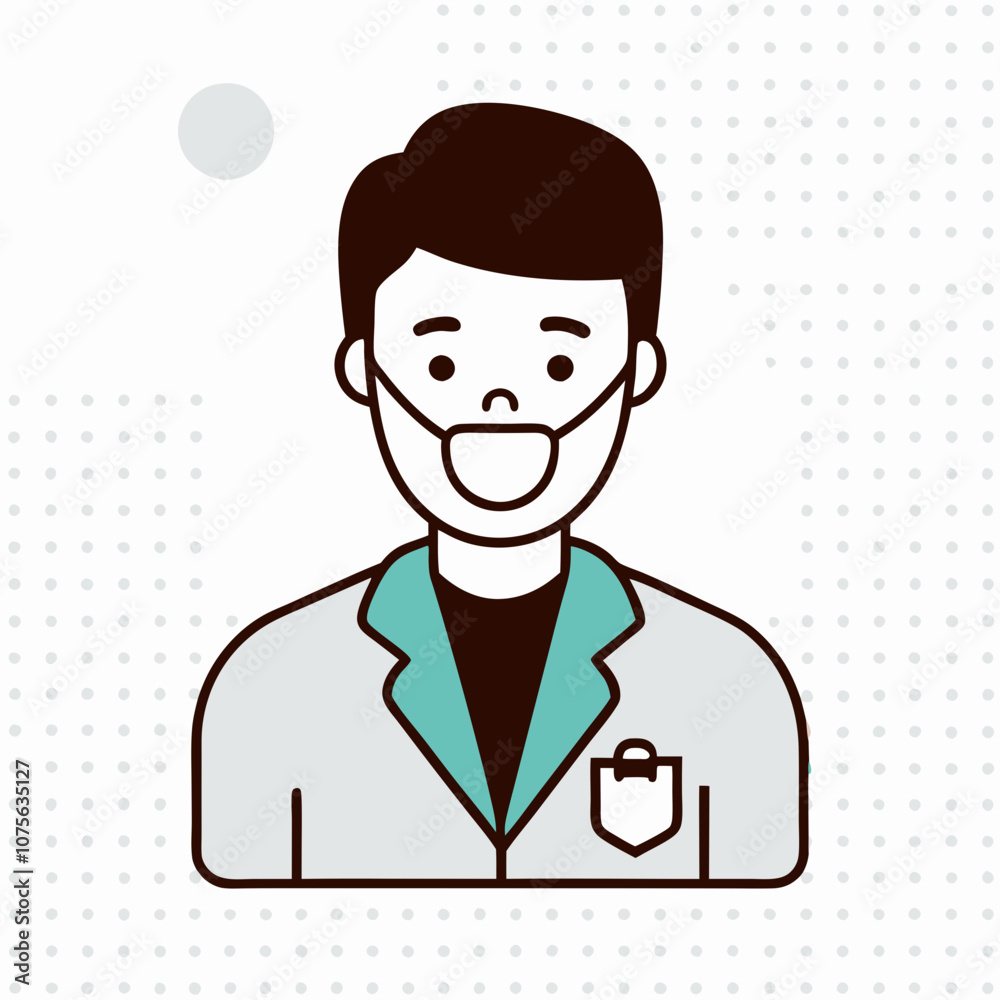 A man wearing a white lab coat and a green jacket with a mask on his face. The man is smiling and he is happy A man wearing a white lab coat and a green jacket with a mask on his face. The man is smiling and he is happy