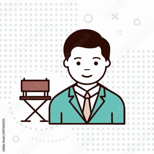 A man in a suit is sitting in a chair with a camera behind him. Concept of professionalism and focus, as the man is likely a director or a cameraman