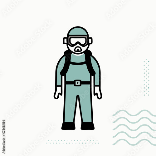 A man in a blue suit with goggles on his face stands in front of a white background. He is wearing a backpack and he is a scuba diver